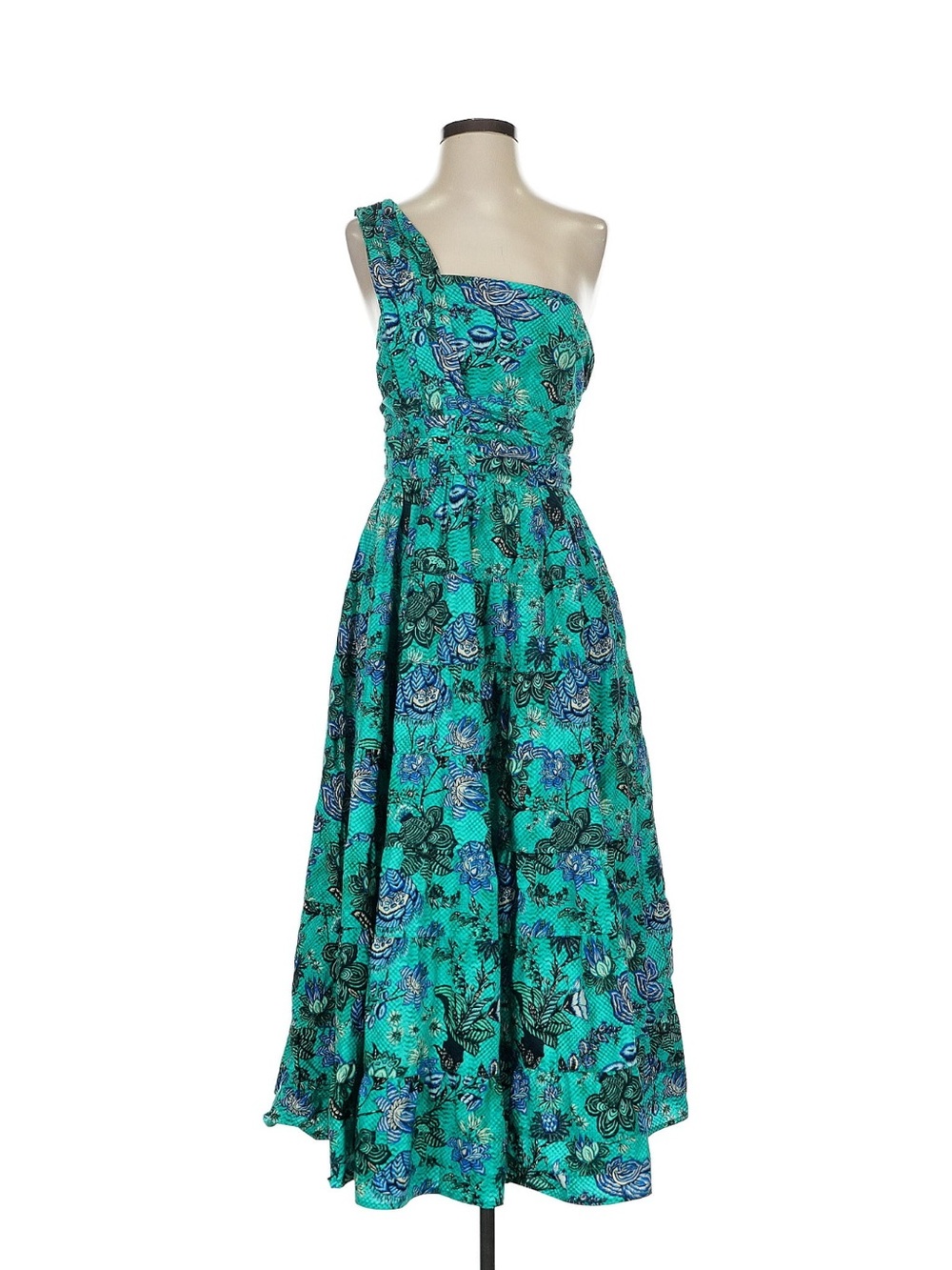 Ulla Johnson Teal and Blue One-Shoulder Floral Midi Dress